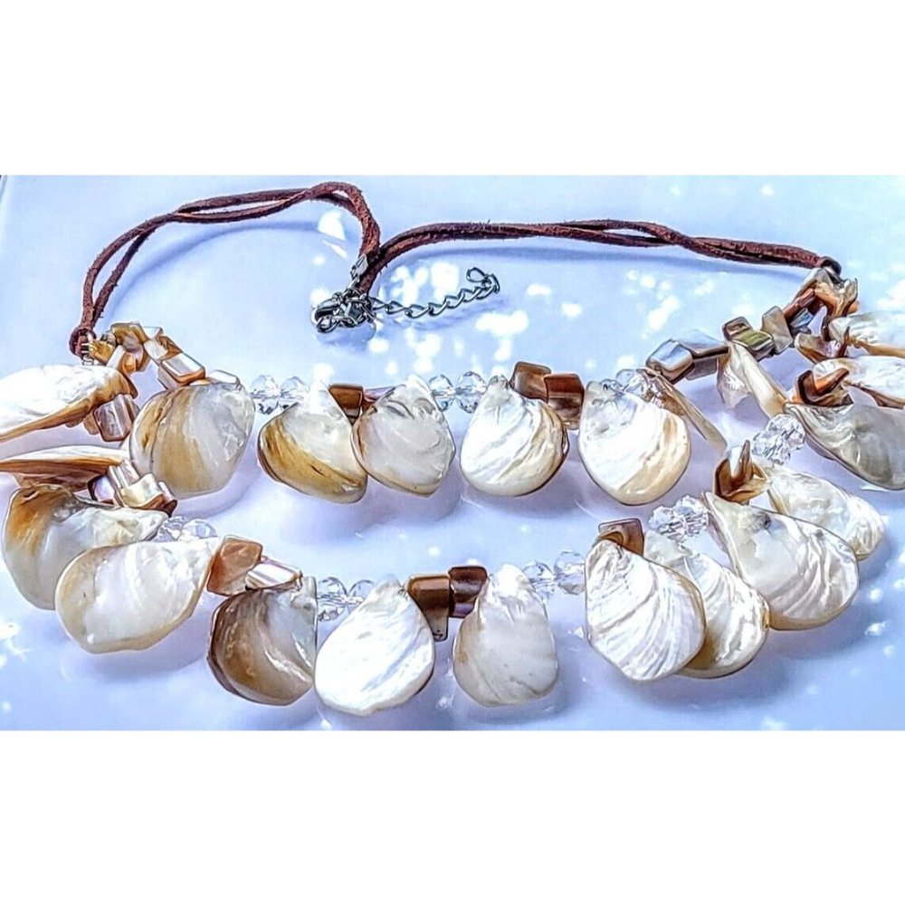 VINTAGE MOTHER OF PEARL SHELL NECKLACE DOUBLE STRAND BEADED BEACH STATEMENT